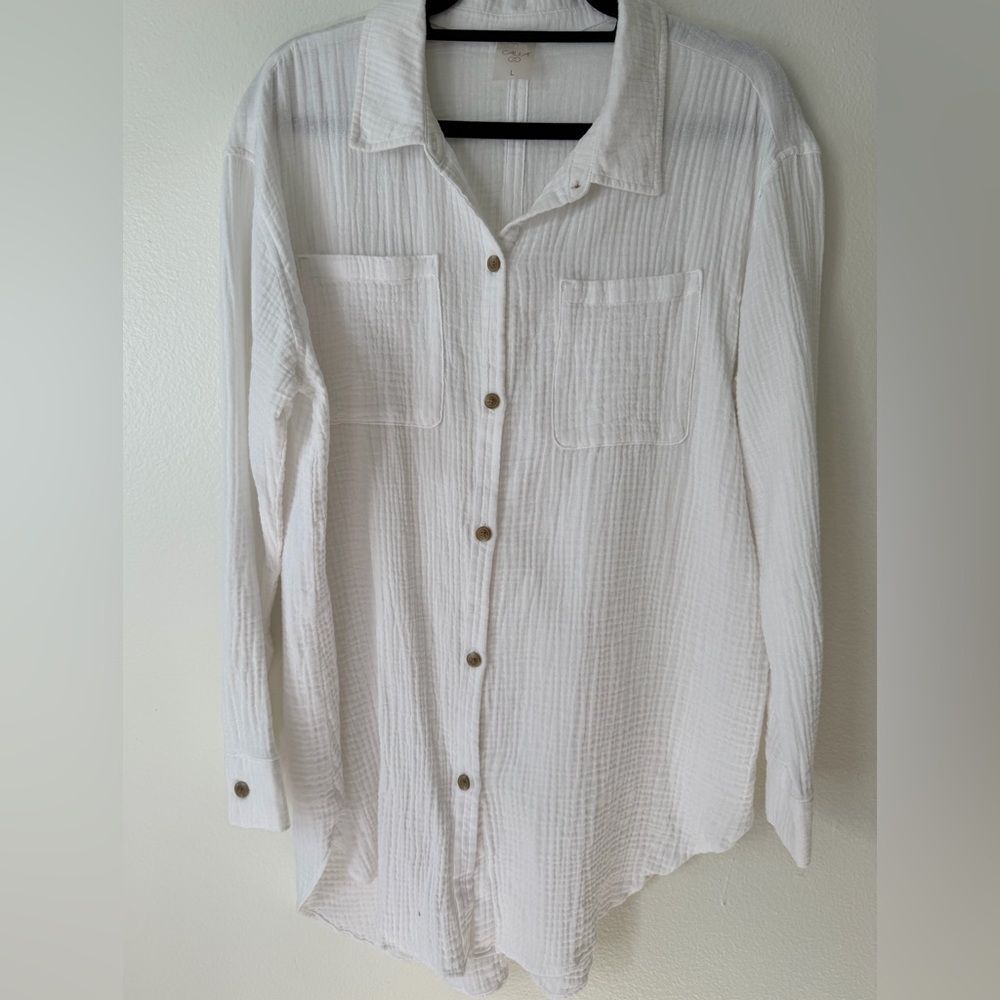 Calia By Carrie Underwood Shirt Tunic White Gauze Cover Up Size Large L/S